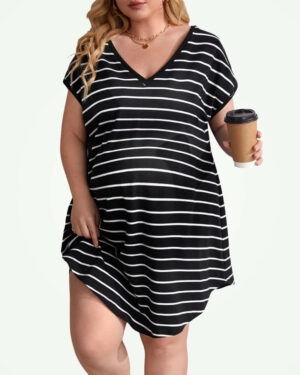 Maternity V-neck Curved Hem Striped Dress